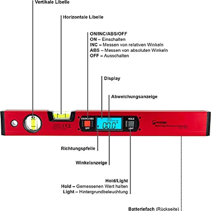 SCHMIDT security tools WW400 Digitale Wasserwaage Winkelmesser, Aluminium mit Kunststoff-Endkappen, Rot – Bild 4