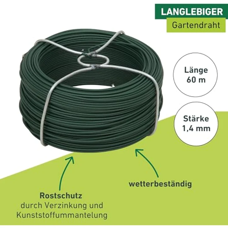 Windhager Gartendraht 60 m, 1,4 mm, grün, verzinkt mit Kunststoffummantelung, wetterbeständig und pflegeleicht – Bild 3