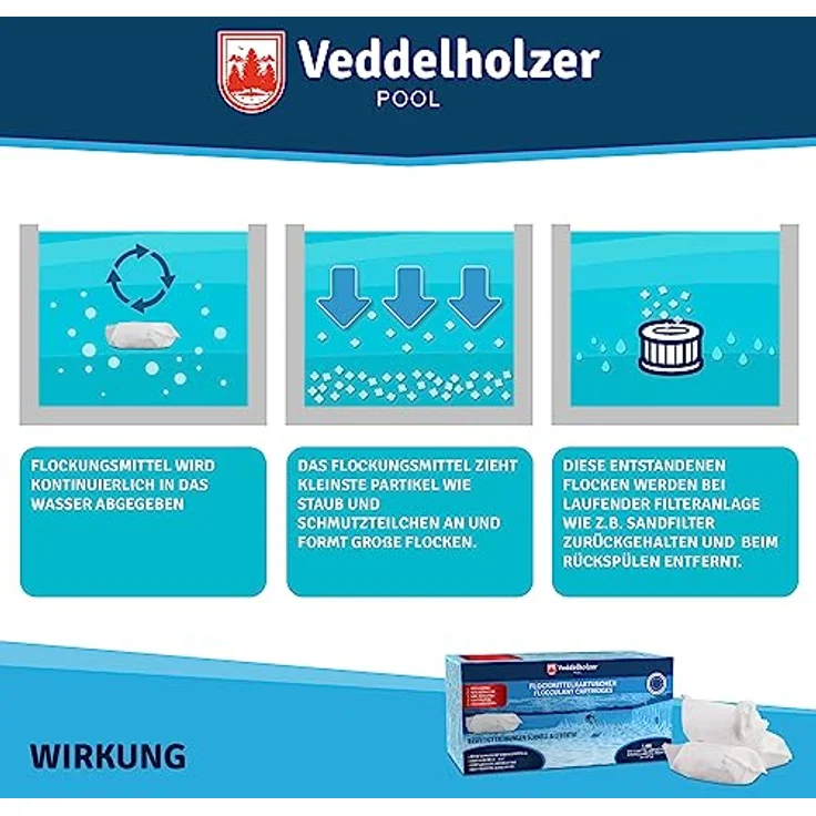 Veddelholzer Flockmittel für Pools, 1 kg Flockungsmittel in Kartuschen (8 x 125g) für Sand- und Glasfilteranlagen, effektive Poolpflege für klares Wasser – Bild 5