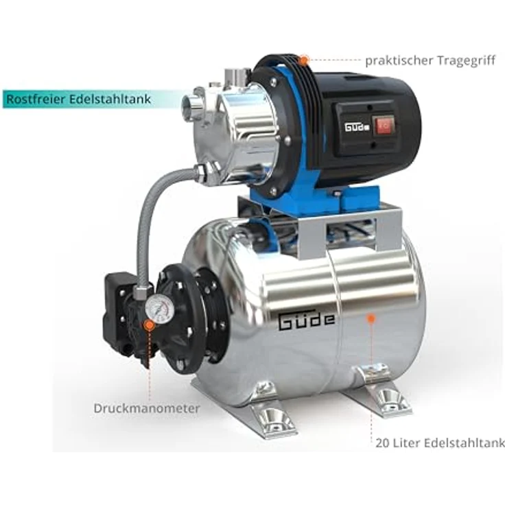 Güde HWW 1000 ES, Hauswasserpumpe mit 1000 W Leistung, 3800 l/h Fördermenge, silber, 20 l Edelstahltank, automatischer Betrieb – Bild 11