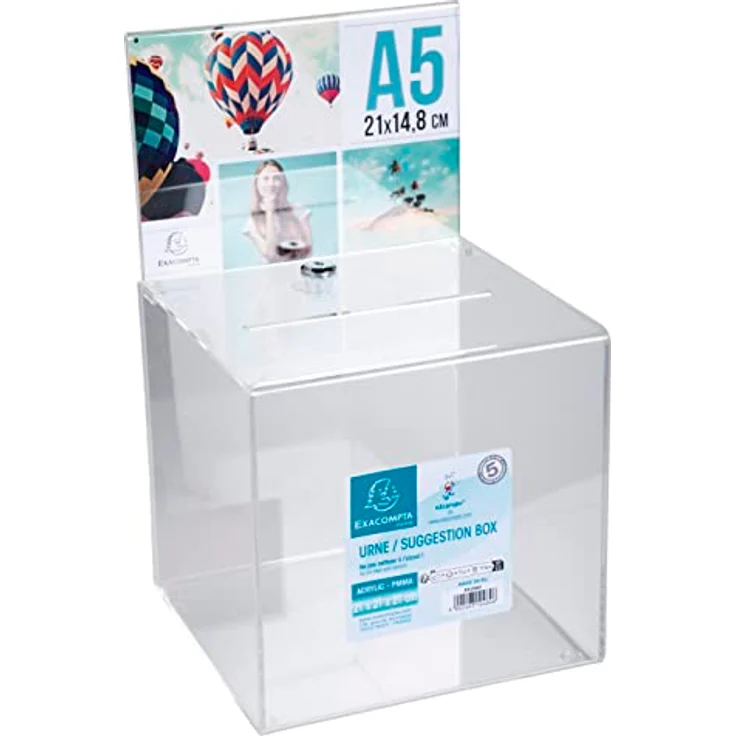 Exacompta 89258D Losbox mit Deckel, abschließbar für Ihre Wettbewerbe, Tombolas, Wahlen oder Ideenbox mit A5-Plakat aus durchsichtigem Acryl, Urne, Spendenbox, 21 x 21 x 21 cm – Bild 4