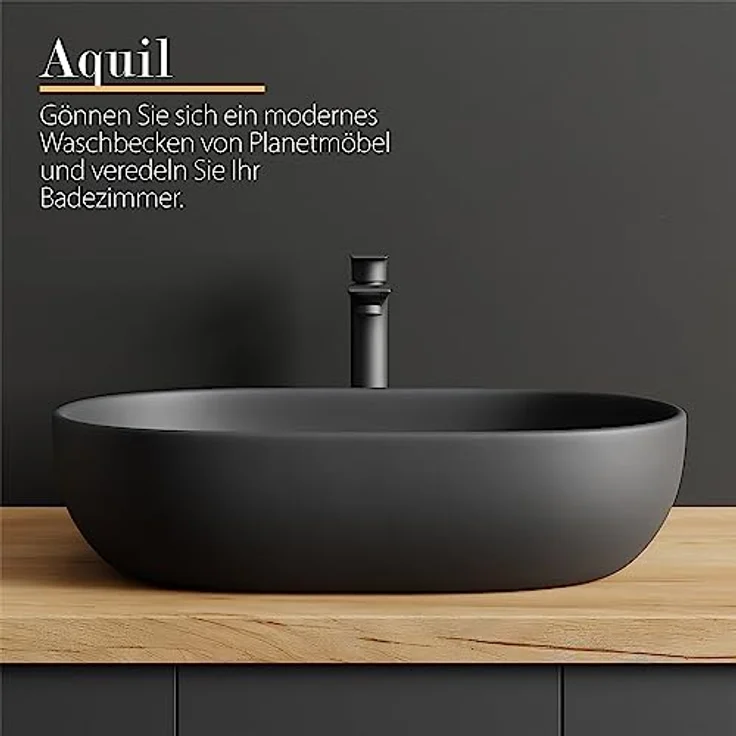 Planetmöbel Aquil Deluxe Waschbecken Oval | Aufsatzwaschbecken für Badezimmer und Gäste-WC | Handwaschbecken ohne Hahnloch und Überlauf | Schwarz matt, 60 x 40 x15 cm – Bild 5
