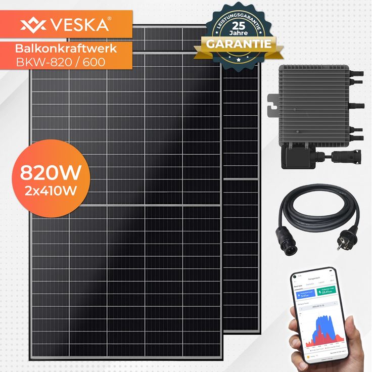 VESKA 820 W / 600 W Balkonkraftwerk Photovoltaik Solaranlage Steckerfertig WIFI Smart