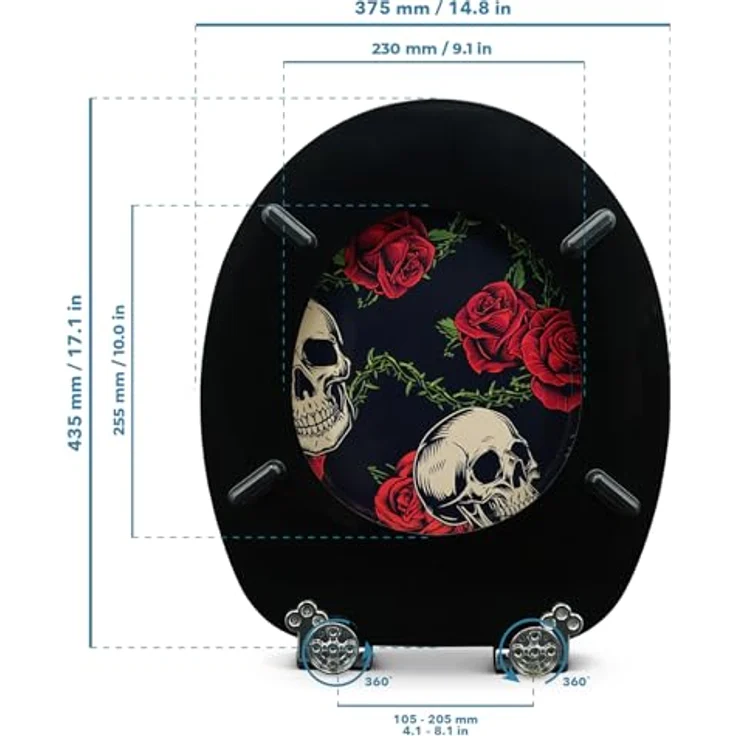 Sanfino WC Sitz Rose Skull, Toilettendeckel aus Holz mit Absenkautomatik, schwarzes Design mit Totenköpfen und Rosen – Bild 5