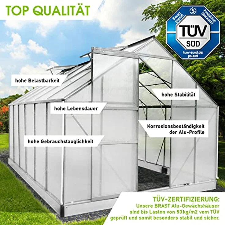 BRAST Gewächshaus Aluminium mit Fundament, 6mm Hohlkammerplatten, TÜV geprüft, rostfrei und wetterfest, 380x250x205cm, Silber – Bild 3