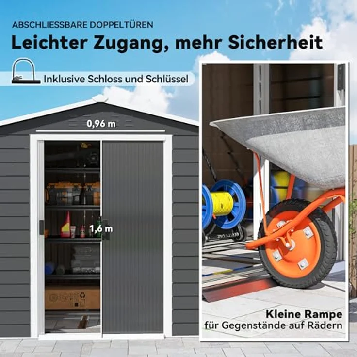 Outsunny Gerätehaus 4,4 m² mit Pultdach, abschließbarer Schiebetür und wetterfestem verzinktem Stahl, dunkelgrau – Bild 8