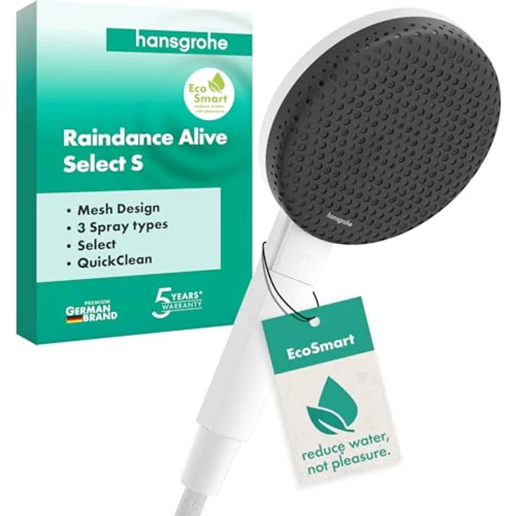 hansgrohe Raindance Alive Select S, Wassersparende Duschbrause mit Anti-Kalk, 3 Strahlarten, 125 mm, mattweiss mit grafiter Strahlplatte – Bild 1