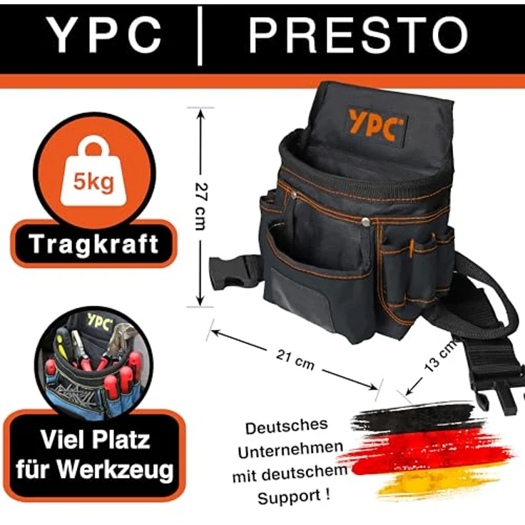 YPC Presto Werkzeug Gürteltasche XL – wasserfeste Werkzeugtasche mit 12 Taschen, Hammerschlaufe, 27x21x13cm, Schwarz, 5 kg Tragkraft – Bild 2