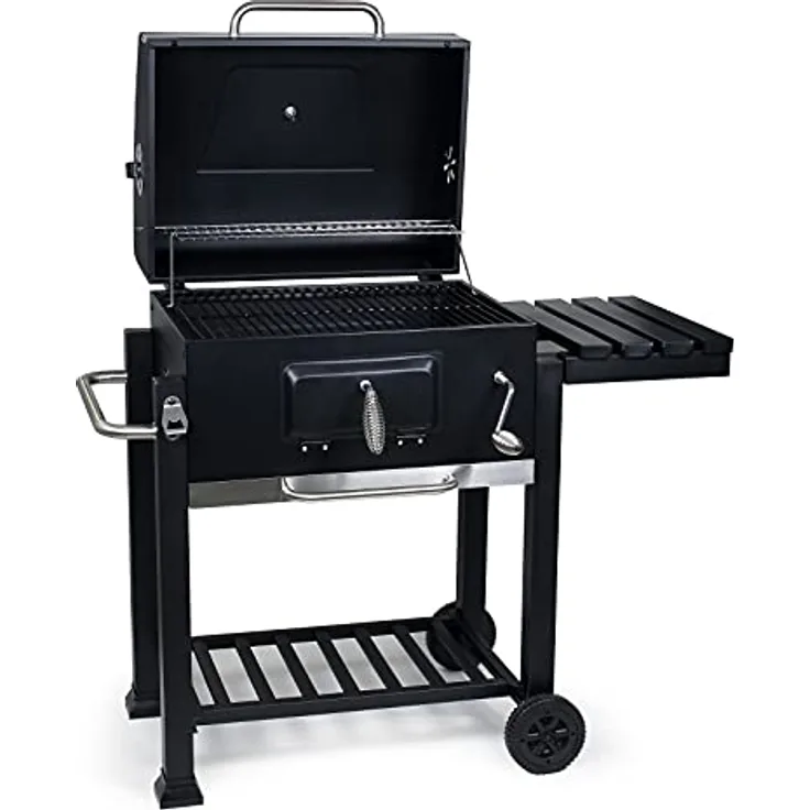 Wiltec BBQ Holzkohle Grillwagen mit Deckel, Ablage und Feuerklappe, Höhenregulierung für Kohle, Thermometer, Schwarz