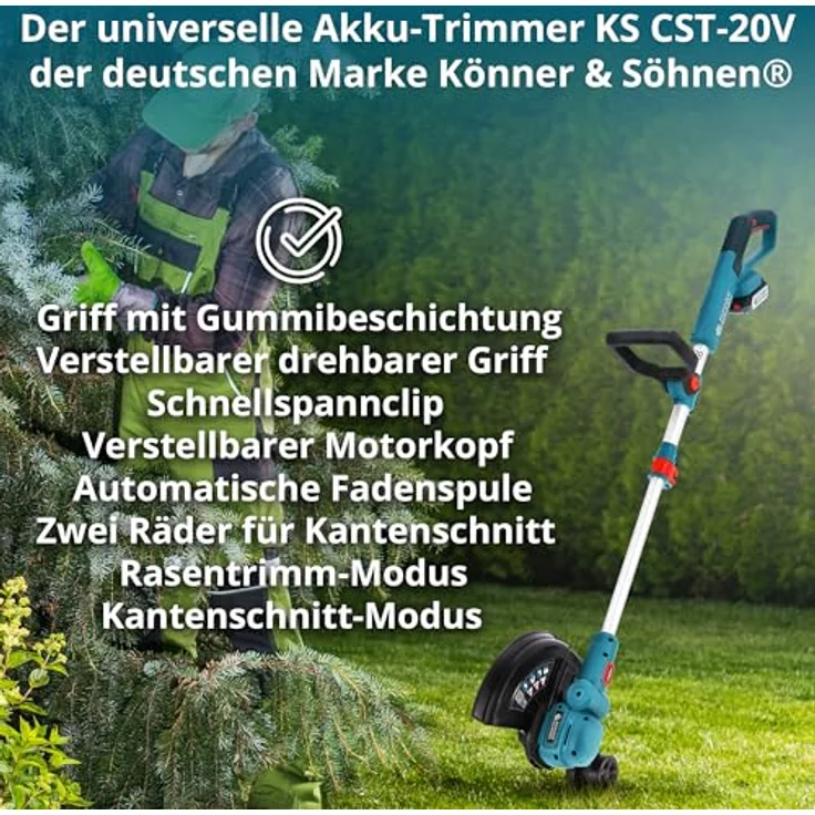Könner & Söhnen Akku-Rasentrimmer KS CST-20V, 2-in-1 Rasentrimmer & Kantenschneider mit Teleskopstange, 20 V Motor, Automatische Fadenspule, Ergonomischer Griff – Bild 8