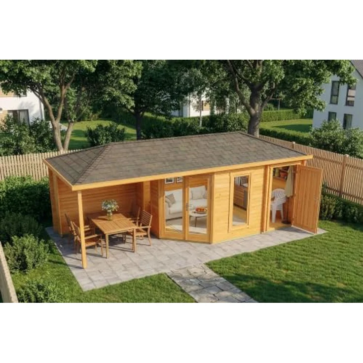 Alpholz 5-Eck Gartenhaus Liwa mit Anbau, imprägniert (Pinie), inkl. Fußboden & Dacheindeckung, BxT: 728x317 cm – Bild 5