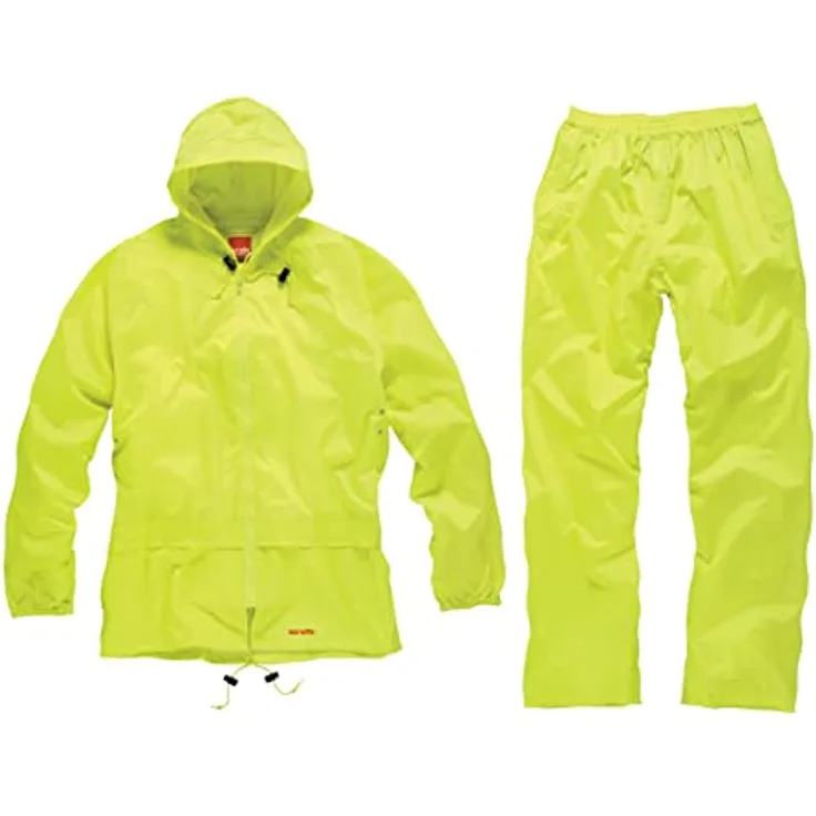 Scruffs Arbeitsjacke Regenanzug Set, wasserdichter Regenanzug in neon gelb, Größe XL mit verstellbarer Kapuze und elastischen Bündchen