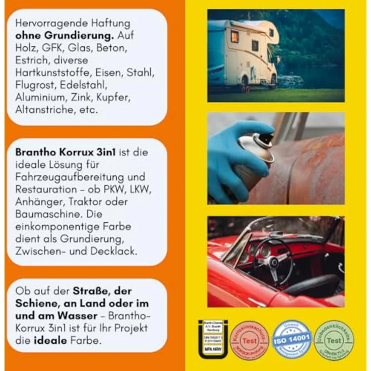 Brantho Korrux 3 in 1 Rostschutzlack, All-in-One Sprühdose Primer, Rostschutz und Lack, 400ml, RAL3000 - Feuerrot Seidenglanz, schnelltrocknend und wetterbeständig – Bild 4