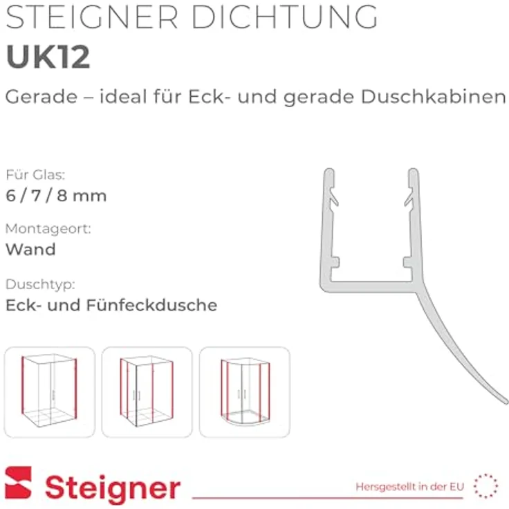 STEIGNER Duschtürdichtung UK12, 90 cm transparente Dichtung für Eckeinstieg oder Fünfeckdusche, 6-8 mm Glasdicke, schimmelbeständig, einfache Montage – Bild 2