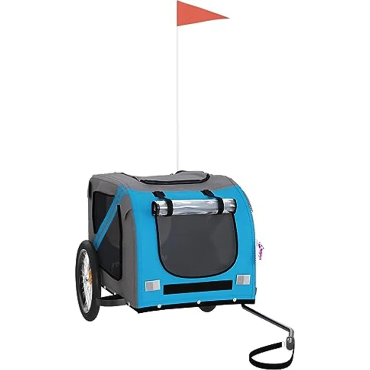 vidaXL Fahrradanhänger für Hunde, Hundeanhänger mit Reflektoren Flagge, Hundetransporter Maximale Belastbarkeit 45kg, Blau Grau Oxford-Gewebe Eisen