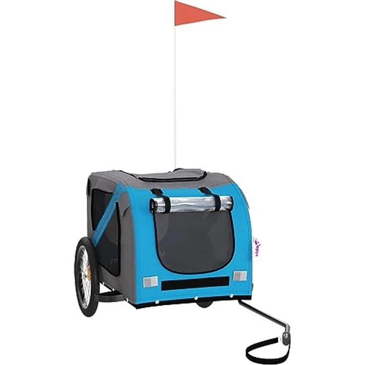 vidaXL Fahrradanhänger für Hunde, Hundeanhänger mit Reflektoren Flagge, Hundetransporter Maximale Belastbarkeit 45kg, Blau Grau Oxford-Gewebe Eisen – Bild 1