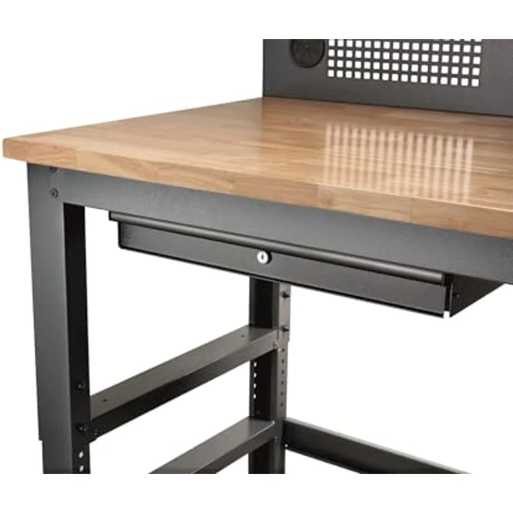 Stahlwille 85010630 Werkstatt Höhenverstellbare Werkbank aus FSC-zertifiziertem Gummibaum-Holz, 2000mm x 725mm, mit gelochter Rückwand und abschließbarer Schublade – Bild 3