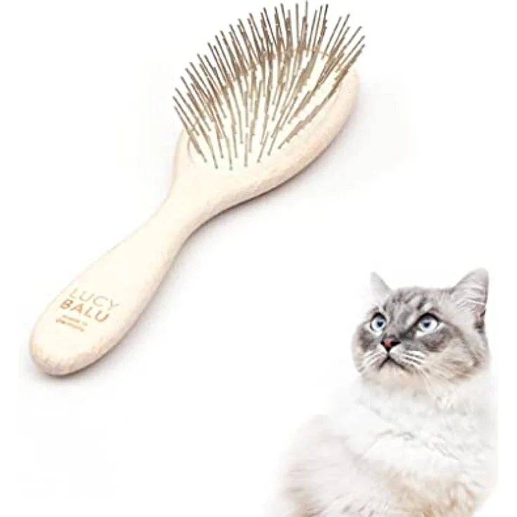 LucyBalu® Katzenbürste Kurzhaar & Langhaar | Fellbürste für Katzen | Unterfellbürste Katze | Katzenkamm zur Fellpflege von Katzen | Tierhaarbürste | Katzenhaarbürste mit Metallborsten & Holzgriff weiß – Bild 1