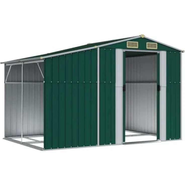 vidaXL Gerätehaus, Gartenhaus mit Schrägdach Griffe, Gartenschuppen Schuppen mit Stauraum, Geräteschuppen Metallschuppen, Grün 277x192,5x179 cm Verzinkter Stahl – Bild 3