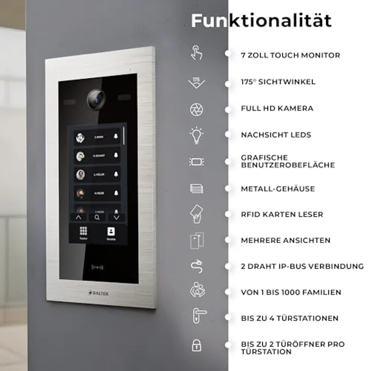 Balter EVO-HD Video Türsprechanlage, Komplettset für Einfamilienhaus, 4x 7 Zoll Touchscreen Monitore, Full HD Kamera, 175° Weitwinkel, Smartphone App, RFID-Türöffnung – Bild 3