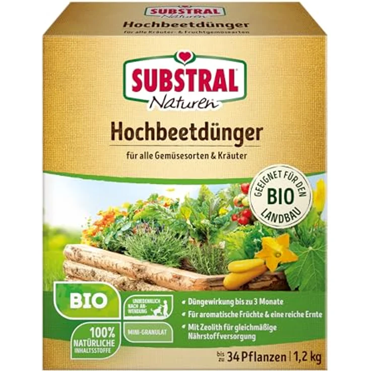Substral Naturen Hochbeet Dünger, 1,2 kg Granulat für 3 Monate Nährstoffversorgung, 100% natürliche Inhaltsstoffe, ideal für Gemüse und Kräuter – Bild 1