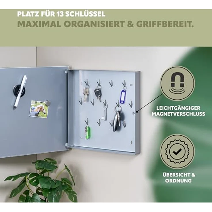 bremermann Schlüsselkasten Schlüsselkasten XL weiße Glasfront, 13 Haken, Korpus Metall grau – Bild 5