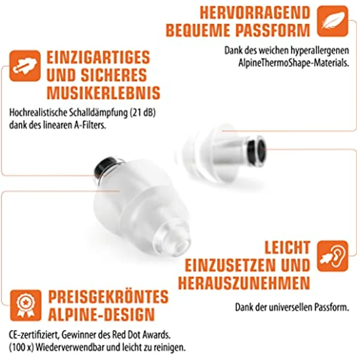 Alpine PartyPlug Pro Gehörschutz Ohrstöpsel mit linearer Dämpfung für Party, Musik, festival, Disco und Konzerte €“ Naturgetreue Dämpfung Hypoallergen mit em Reiniger €“ Wiederverwendbar – Bild 2