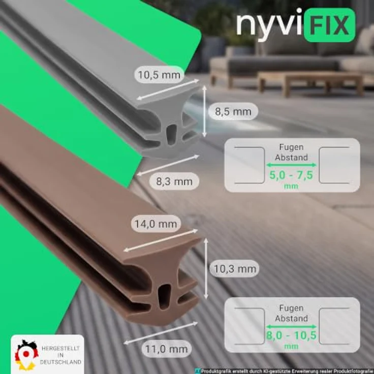 NYVI NYVIFix Terrassendielen Fugendichtband, Profi Dichtung für WPC/PVC/Stein/Holzboden, 10,5mm & 14mm, UV-beständig, grau/braun/dunkelbraun/schwarz, Made in Germany – Bild 2