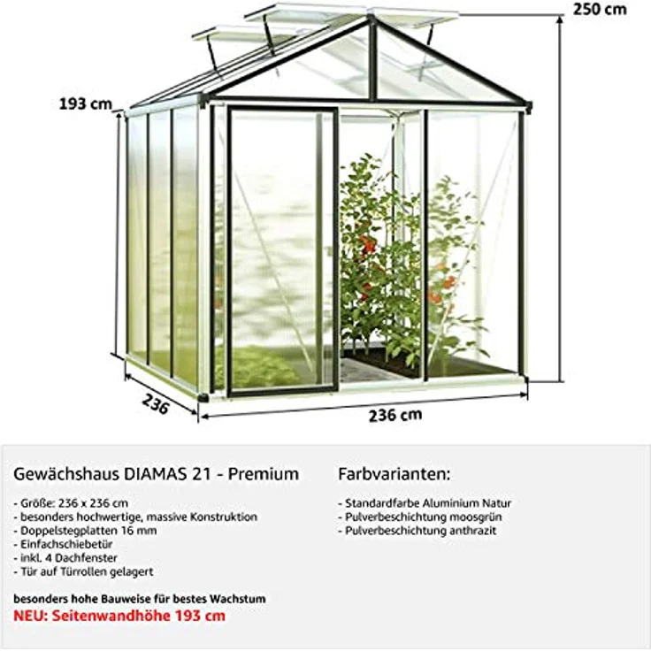 GFP Gewächshaus Diamas 21 Premium 235x235 cm mit integriertem Fundament 16 mm Doppelstegplatten, Farbe Aluminium Natur - Made in Austria – Bild 3
