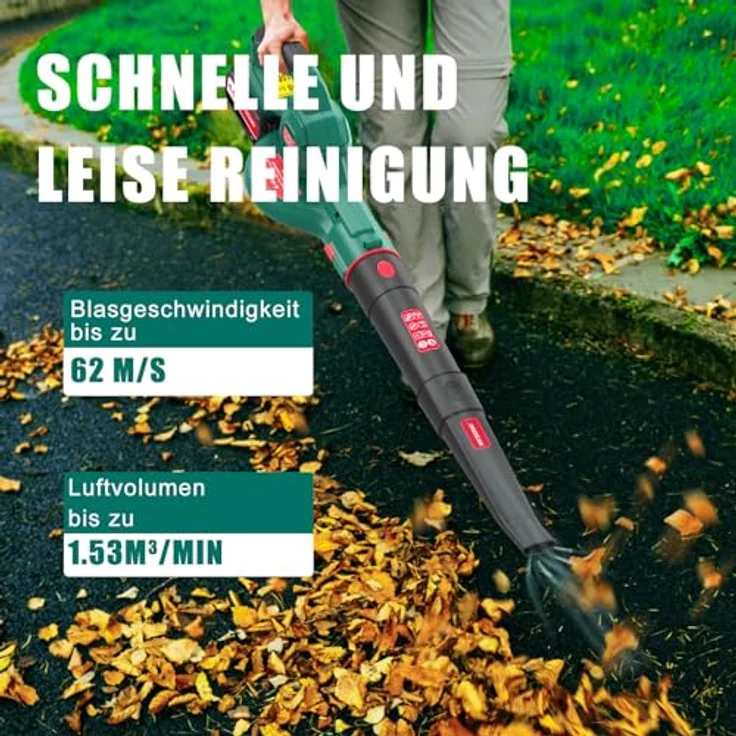 HYECHO Laubbläser 223 km/h, Akku 18V 4,0Ah mit 3 Aufblasdüsen, ergonomisch, Grün – Bild 4