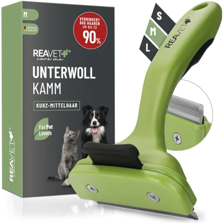 ReaVET Unterwollkamm für Hunde & Katzen Kurzhaar I Mittlere Rassen (Größe M) I Entfernt Unterwolle, Pflegt das Deckhaar I mit Selbstreinigungsknopf I Katzen-Kamm Hunde-Kamm ideal zum Fellwechsel – Bild 1