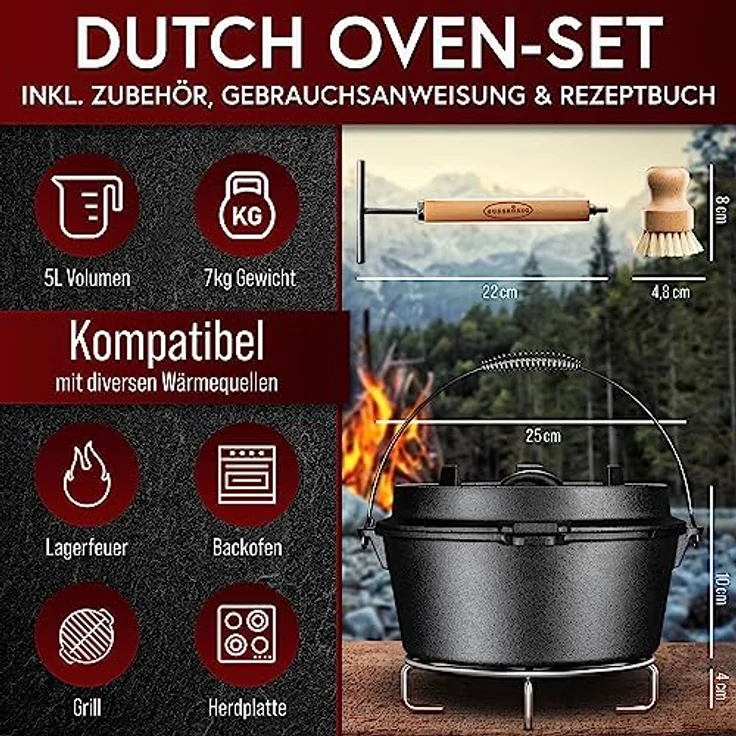 GUSSKÖNIG Dutch Oven Set [4.5L] ohne Füße - Eingebrannter Feuertopf mit innovativem 2in1 Deckelheber, Untersetzer, Reinigungsbürste und Rezeptbuch - für Abenteurer – Bild 2