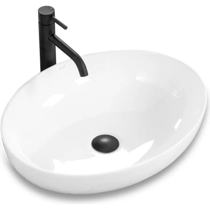 Rea Aufsatzwaschbecken Oval, Keramik Handwaschbecken in Weiß, 40x52 cm, ohne Überlauf – Bild 1