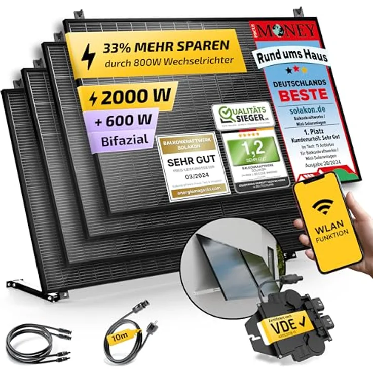 Solakon Balkonkraftwerk 2000W, Komplettset mit 800W Photovoltaikmodulen und 10m Kabellänge, steckerfertig mit Wandhalterung