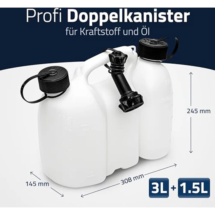 hünersdorff PROFI Doppelkanister - Kombikanister für Kraftstoff und Öl mit Kindersicherung und Auslaufrohr, 3 + 1,5 Liter, UN-Zulassung, Made in Germany – Bild 2