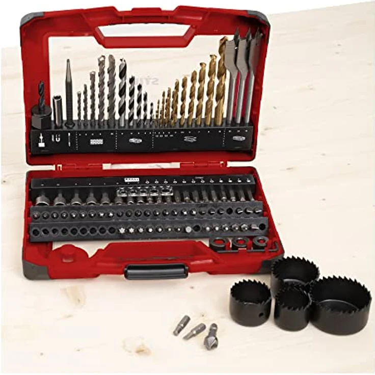 STIER TiN-Bohrer-Set, Säge-Set und Bit-Set, 100-teilig, Titaniumnitrid, Holzbohrer, Metallbohrer und Steinbohrer, vielseitiges Bit-Sortiment, inkl. magnetischem Bithalter und Steckschlüssel-Bits, umfangreiches Werkzeugset – Bild 2