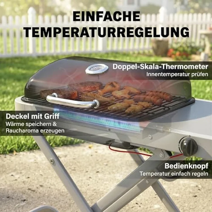 Outsunny Tragbarer Gasgrill 1 Brenner 2,5kW mit Faltbarem Rollwagen, Grillrost, Thermometer und Fettauffangschale, ideal für BBQ und Camping – Bild 5