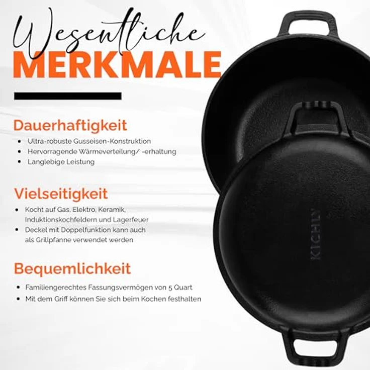 KICHLY 2 in 1 Gusseisen Dutch Oven, Vorgewürzter 5 QT mit Grillpfannendeckel – Ideal zum Brot Backen, Kochen, Braten, Schmoren & Grillen im Innen- und Außenbereich – Bild 3