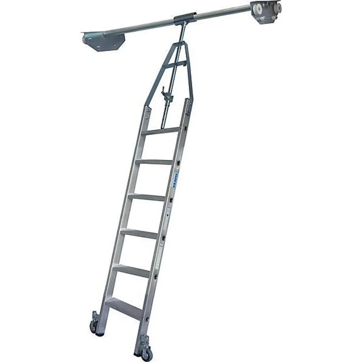Kaiserkraft Stufen-Regalleiter mit Kopffahrwerk, 170 cm, hohe Stabilität und platzsparendes Einhängen, 6 Stufen, selbstarretierende Bremsrollen