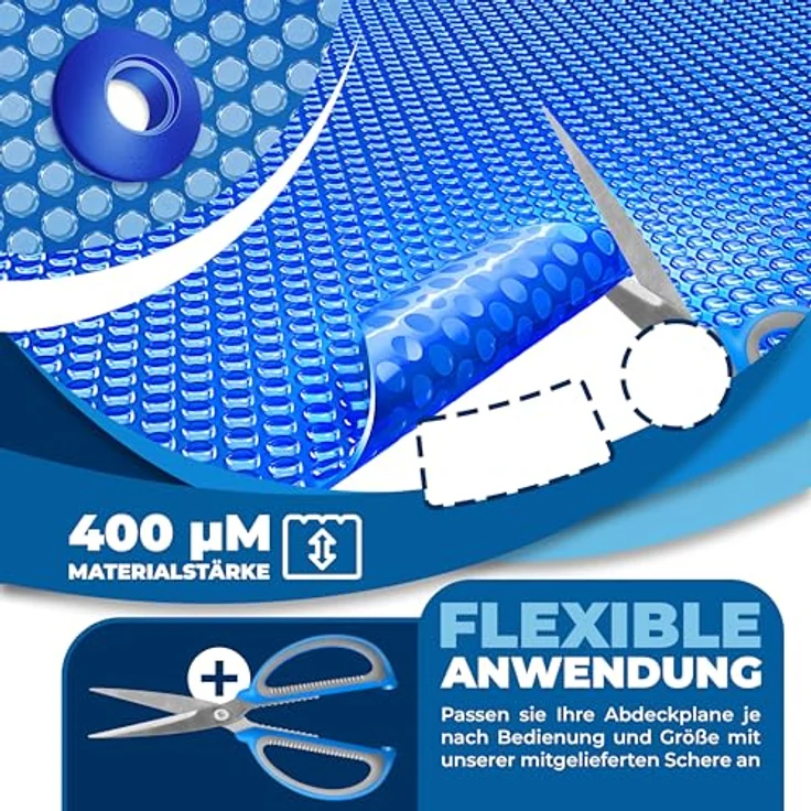 KESSER® Pool Solarfolie 400 µm | Solarplane Poolabdeckung | Solarabdeckplane flexibel zuschneidbar | Poolplane für Wassererwärmung | Solarabdeckung mit Schere, Lochzange & 12 Ösen Blau, 732 x 366cm – Bild 2