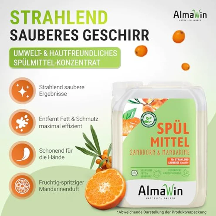 Almawin Geschirrspülmittel Sanddorn Mandarine, 20L, öko-zertifiziert, hautmild mit Sanddorn-Extrakt und Weizenproteinen – Bild 3