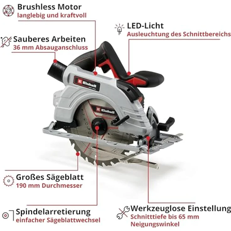 Einhell Akku-Handkreissäge TE-CS 18-190 Li BL- Solo Power X-Change PXC (Li-Ion, 18 V, 190x20 mm Sägeblatt, max. 65 mm Schnitttiefe, bürstenloser Motor, werkzeuglose Einstellung, ohne Akku und Ladegerät) – Bild 3