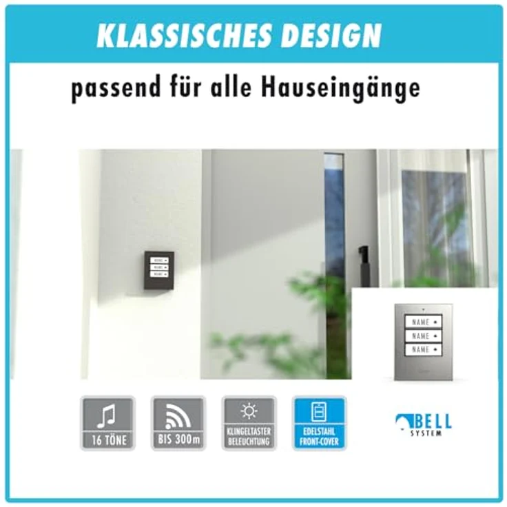 m-e Türklingel m-e modern-electronics 100171 Funkklingel Komplett-Set mit beleuchtetem Namensschild und 16 Melodien, Edelstahlgehäuse – Bild 4