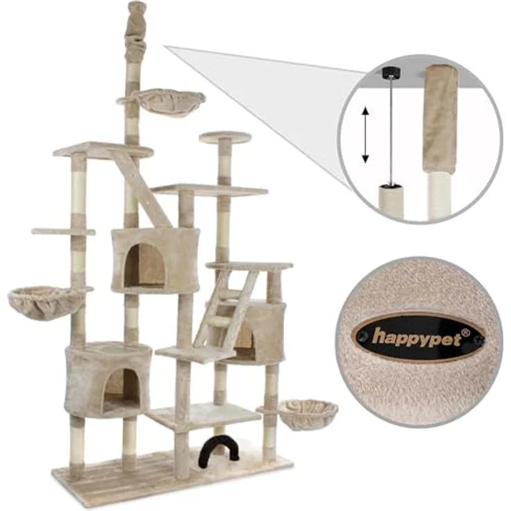HAPPYPET Kratzbaum deckenhoch 260 cm hoch, höhenverstellbar von 230-260 cm, großer XXL Kletterbaum Katzenbaum für Katzen, 8 cm stabile Säulen mit Sisal, Häuser mit Treppen Liegemulden, Beige – Bild 3