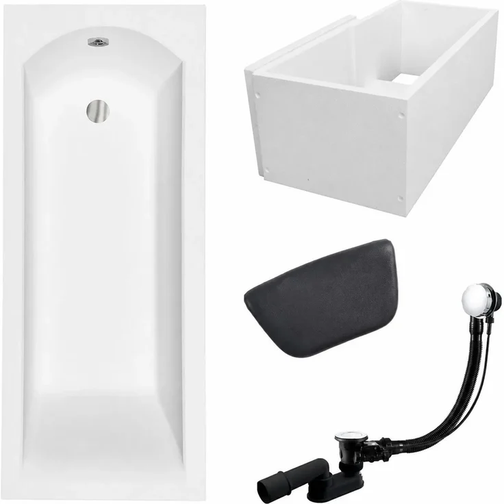 KOLMAN Badewanne SHEA, Rechteck 140 x 70 cm mit stabilisierendem Wannenträger und Kopfstütze KODI in Schwarz, inkl. Ablauf und Füße
