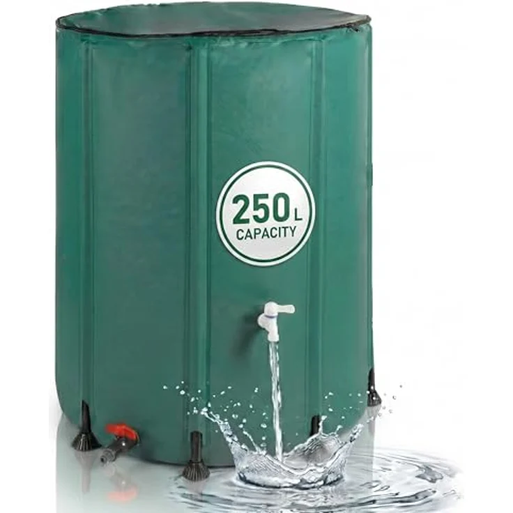 relaxdays Faltbare Regentonne 250l, grün, robuster Wasserspeicher mit Reißverschlussdeckel und zwei Anschlussmöglichkeiten – Bild 1