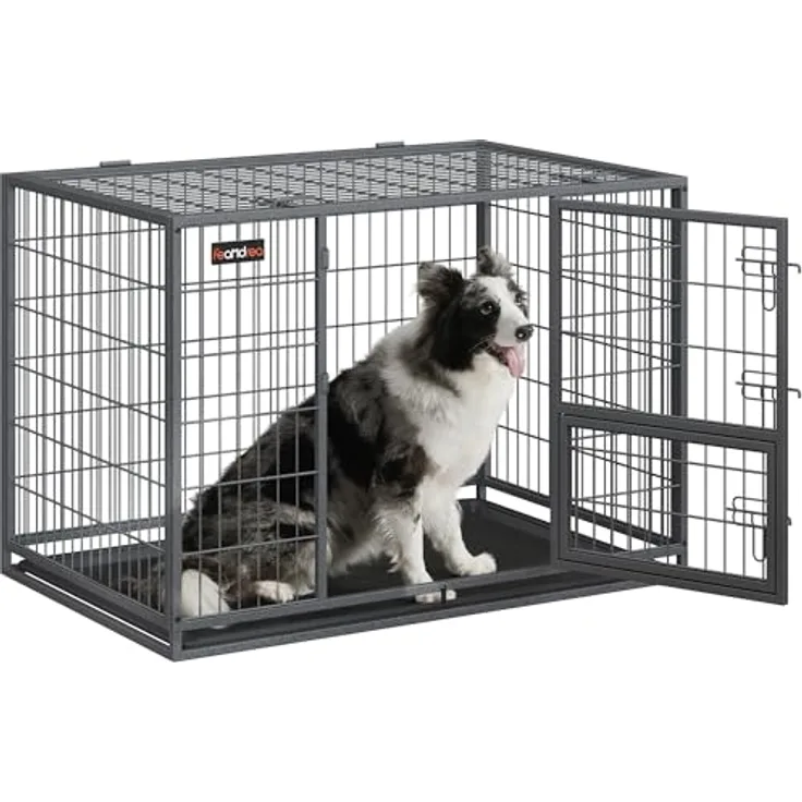 Feandrea Hundekäfig hochbelastbar, transportabler Haustierkäfig, XL, grau, 107 x 70 x 75 cm, für mittelgroße, große Hunde, sicher, 2 abnehmbare Türen, Welpenauslauf