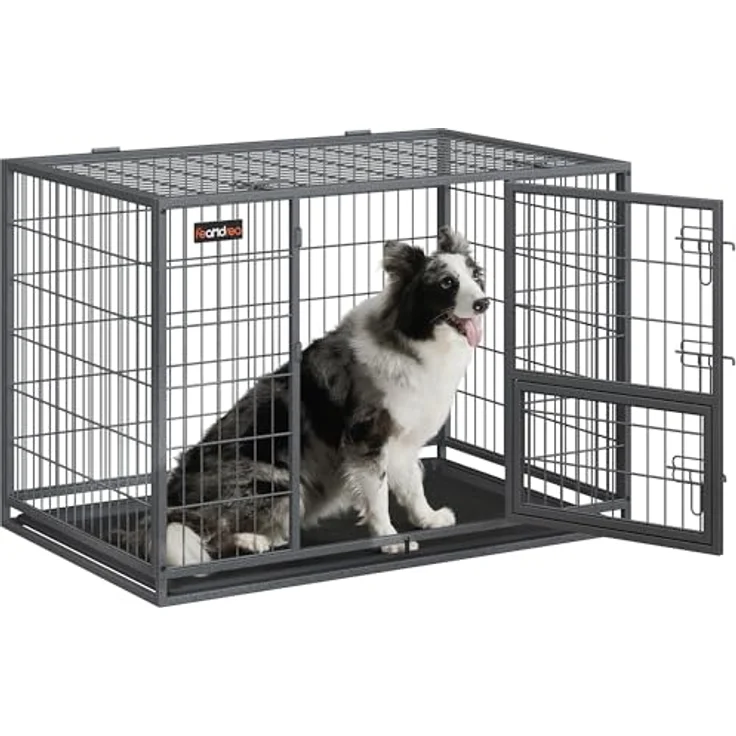 Feandrea Hundekäfig hochbelastbar, transportabler Haustierkäfig, XL, grau, 107 x 70 x 75 cm, für mittelgroße, große Hunde, sicher, 2 abnehmbare Türen, Welpenauslauf – Bild 1