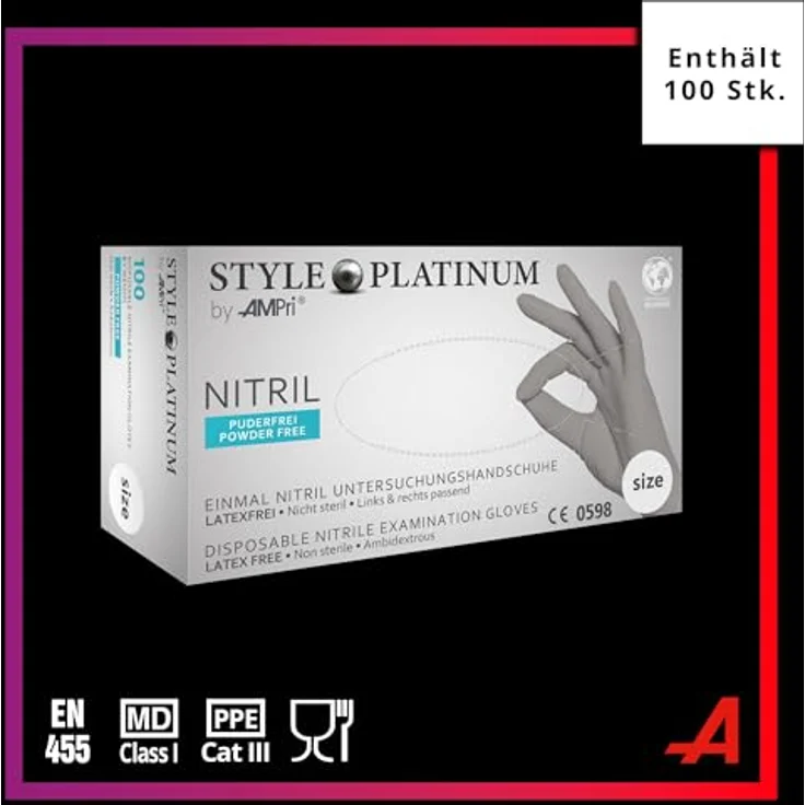 AMPri Nitrilhandschuhe, silbergrau, platinum, 100 Stück/Box, Größe M, puderfrei, Style PLATINUM by Med-Comfort: Nitril Einmalhandschuhe in den Größen XS, S, M, L, XL – Bild 2