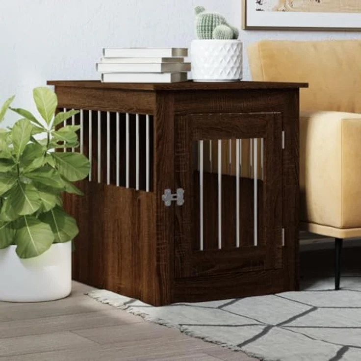 vidaXL Hundekäfig im Möbelstil, Abschließbar Hundebox mit Tür, Hundehütte Beistelltisch mit 2-in-1-Funktion, Hundehaus Haustierkäfig, Braun Eichen-Optik 55x75x65 cm – Bild 2